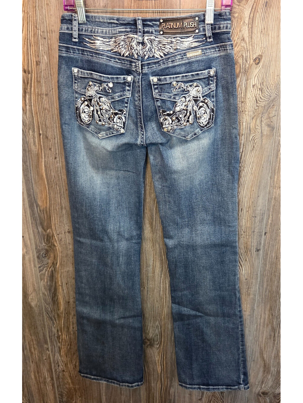 Platinum Plush Denim Blue Jeans #4047 Motorcycle & Wings Wmn Sz 9 (28x32) Biker